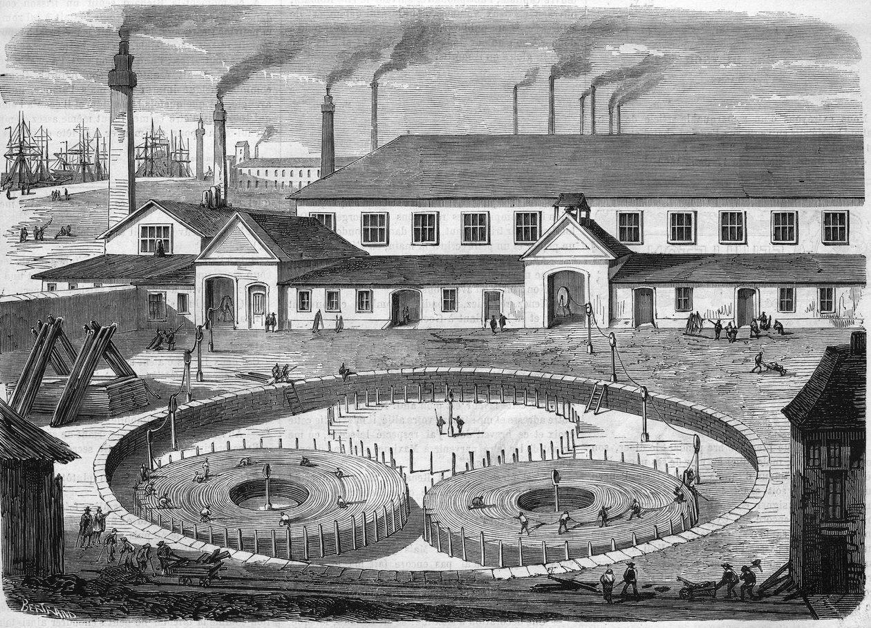 Glass Eiliot electric cable factory in Greenwich. Winding the cable in the basins before transport on the ship “” the leviathan””. Engraving from 1865. av Unknown artist