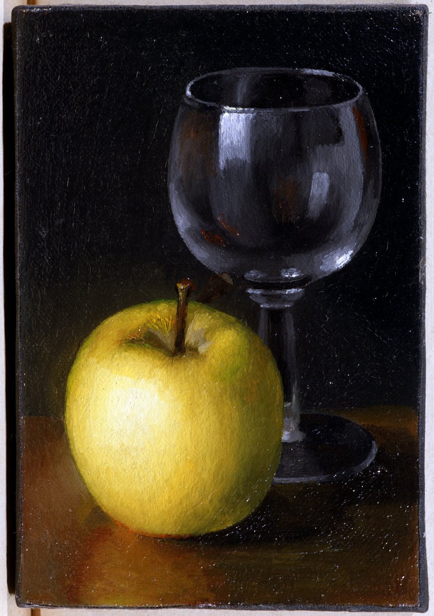 Glass og gult eple - Stilleben, Olje på lerret av Unknown artist