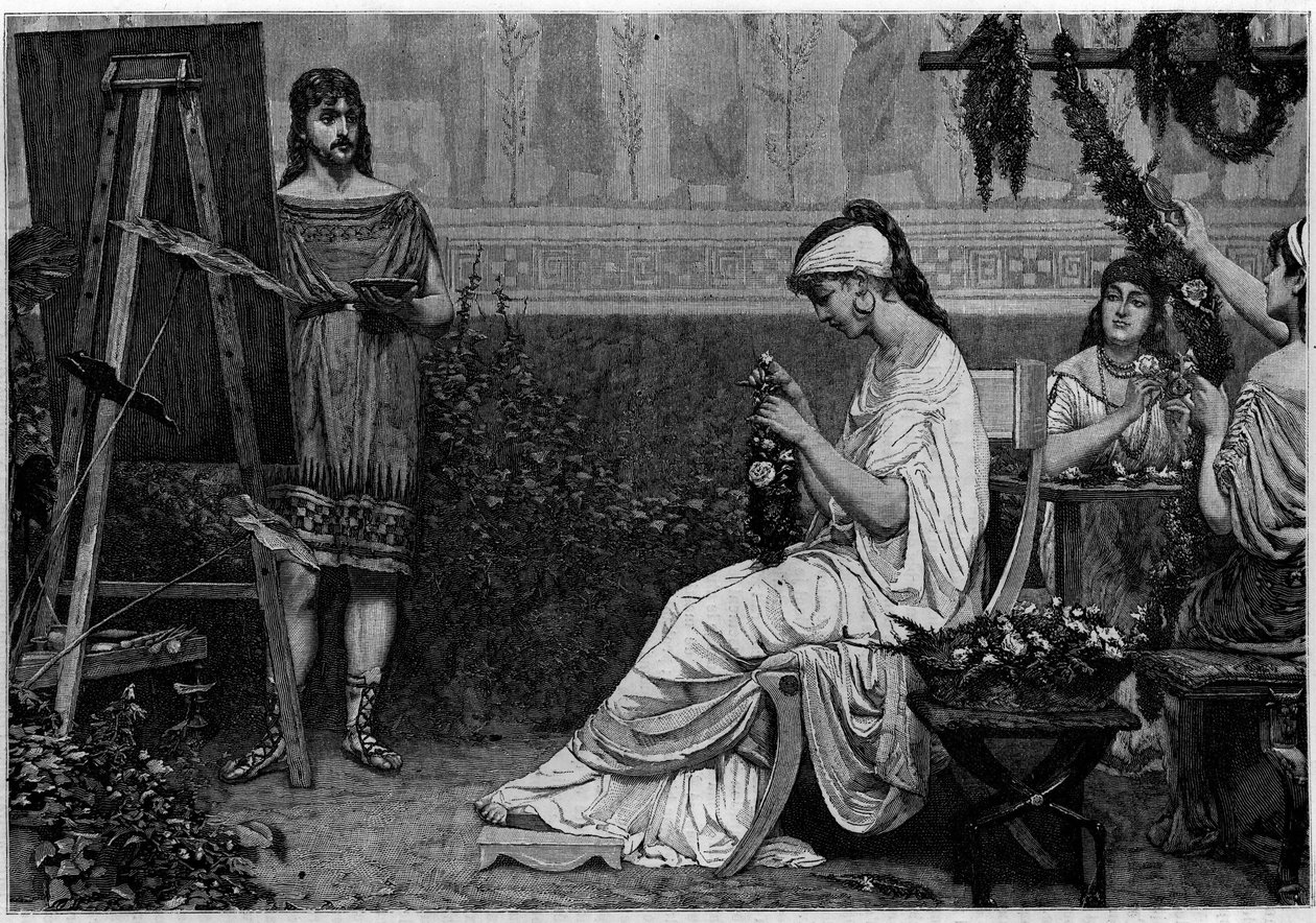 Glycere posing in front of the Greek painter Pausias (4th century BC) for the painting “” Stephanopoclos”””. Engraving in “Le journal de la jeunesse”” av Unknown artist