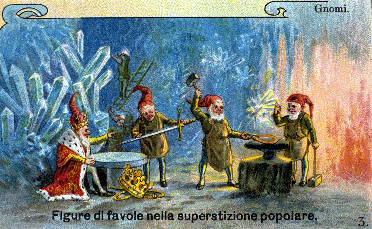 Gnomes, karakterer av fabler i populær tradisjon. Kromolitografi av Unknown artist