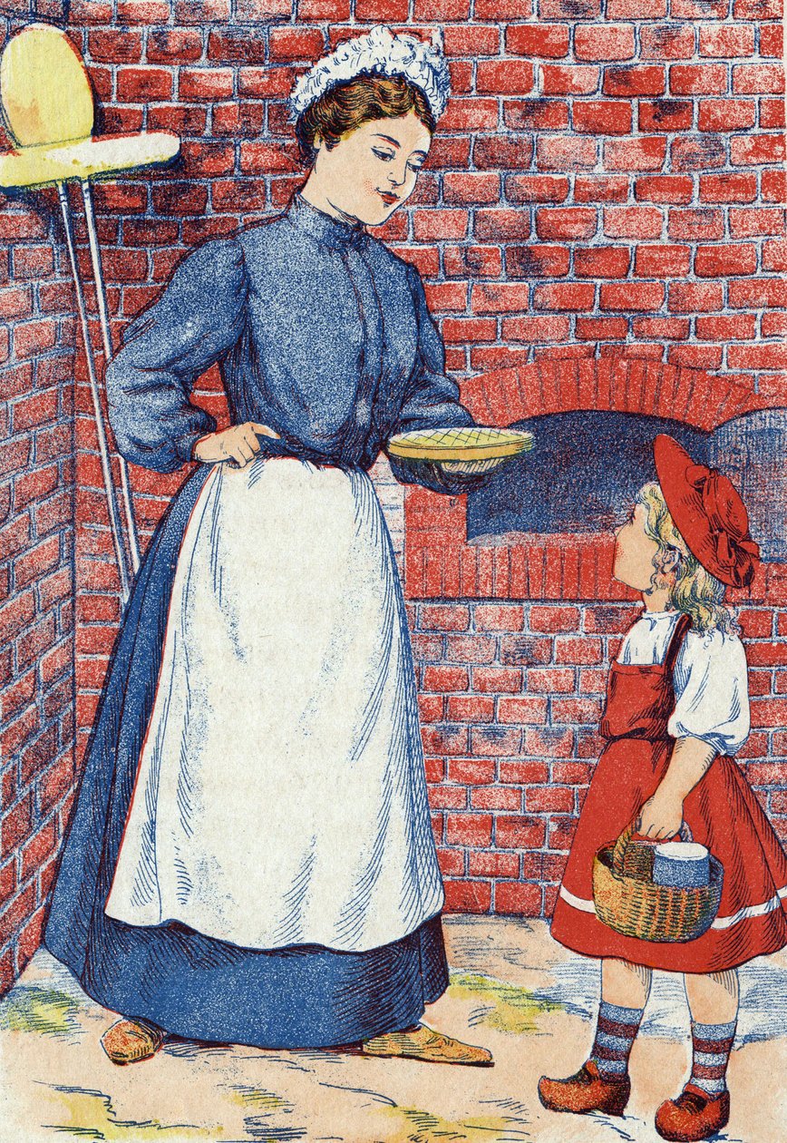 Gå og ta den kaken og den kjelen med smør til bestemoren din. Anonym illustrasjon for "Den lille rødhette", fortelling av Charles Perrault (1628-1703), fransk forfatter. Bilder Marcel Vagne, Jarville Nancy, udatert (slutten av 1800-tallet). av Unknown artist
