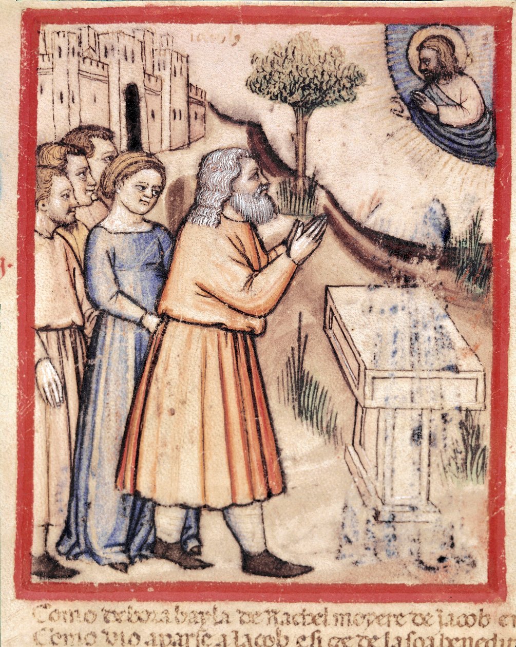 Gud viser seg for Jakob etter å ha bygget opp et miniatyralter fra kodeks 212 (eller Padovano Codice eller Bible of Padua) 1390-1400 Rovigo, Accademia dei Concordi av Unknown artist