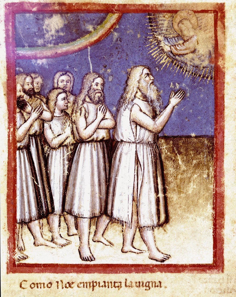 Gud velsignet Noe og hans familie overlevende fra Deluge Miniature fra codex 212 (eller padovano codice eller Bible of Padua) 1390-1400 Rovigo, Accademia dei Concordi av Unknown artist