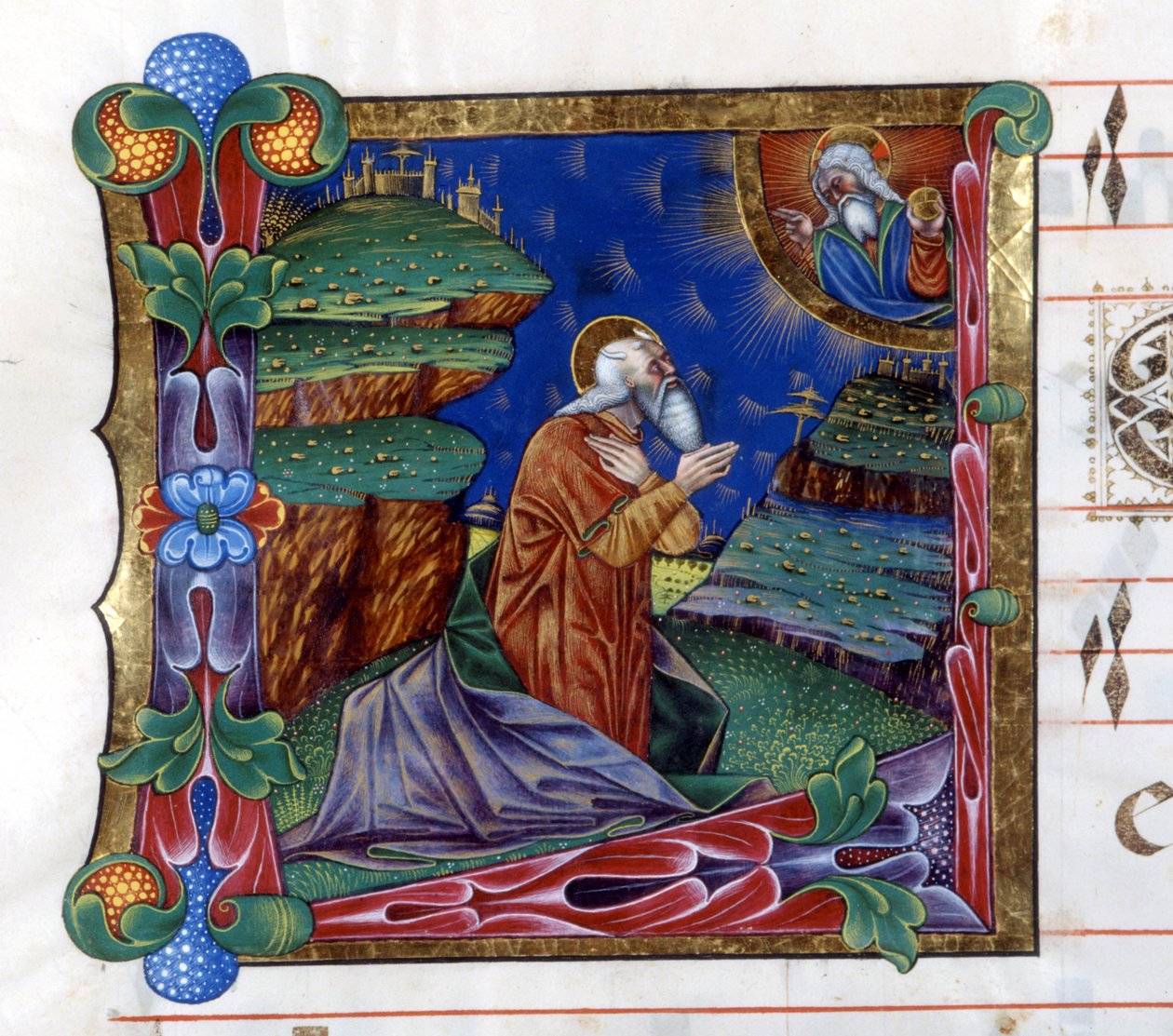Gud beordrer Moses til å sende Israels folk fra Egypt. Miniatyr fra et kor fra 1400-tallet ("civitatis" av Saint Augustine). Biblioteket i Lodi av Unknown artist