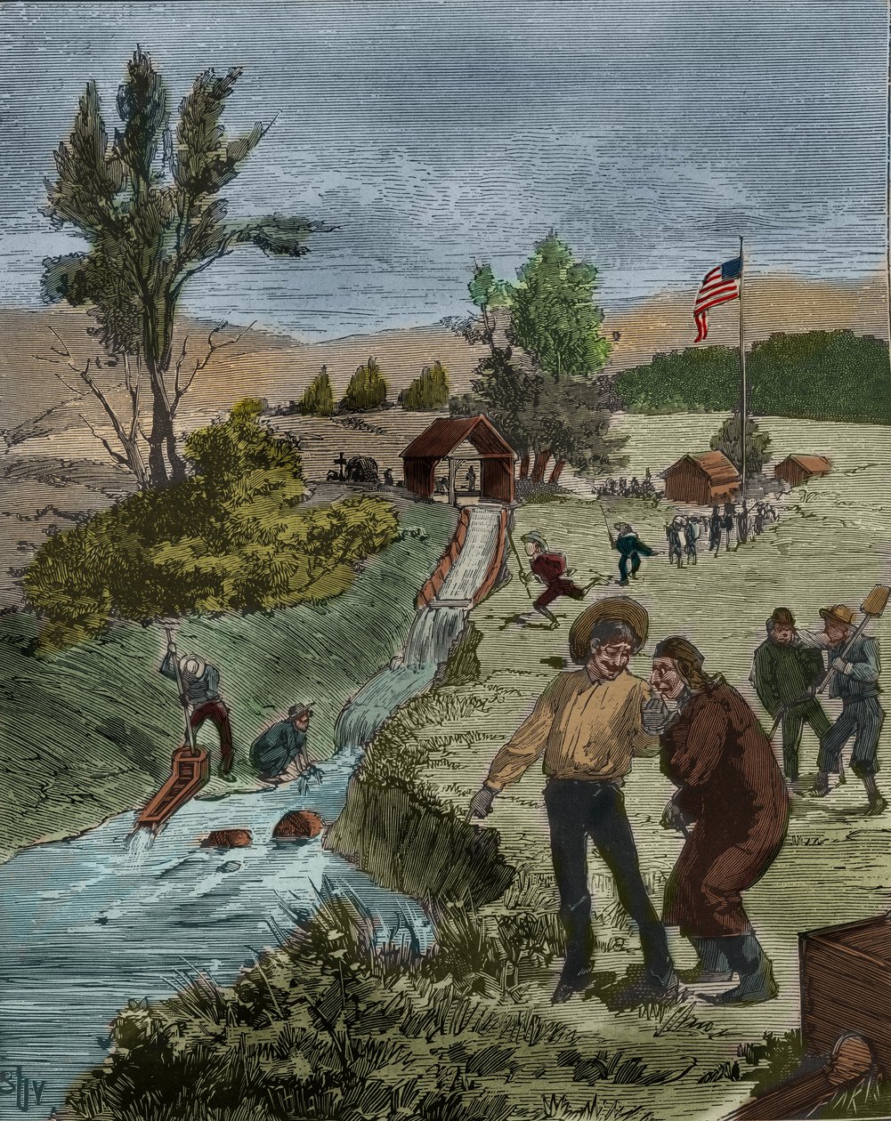 Gold Rush: Gullsøkere i California vasker grus i en bekk med en sil, etablering av Captain Sutter. Gravering fra 1885 i "" Les arts et metiers illustres"" av Adolphe BITARD. av Unknown artist