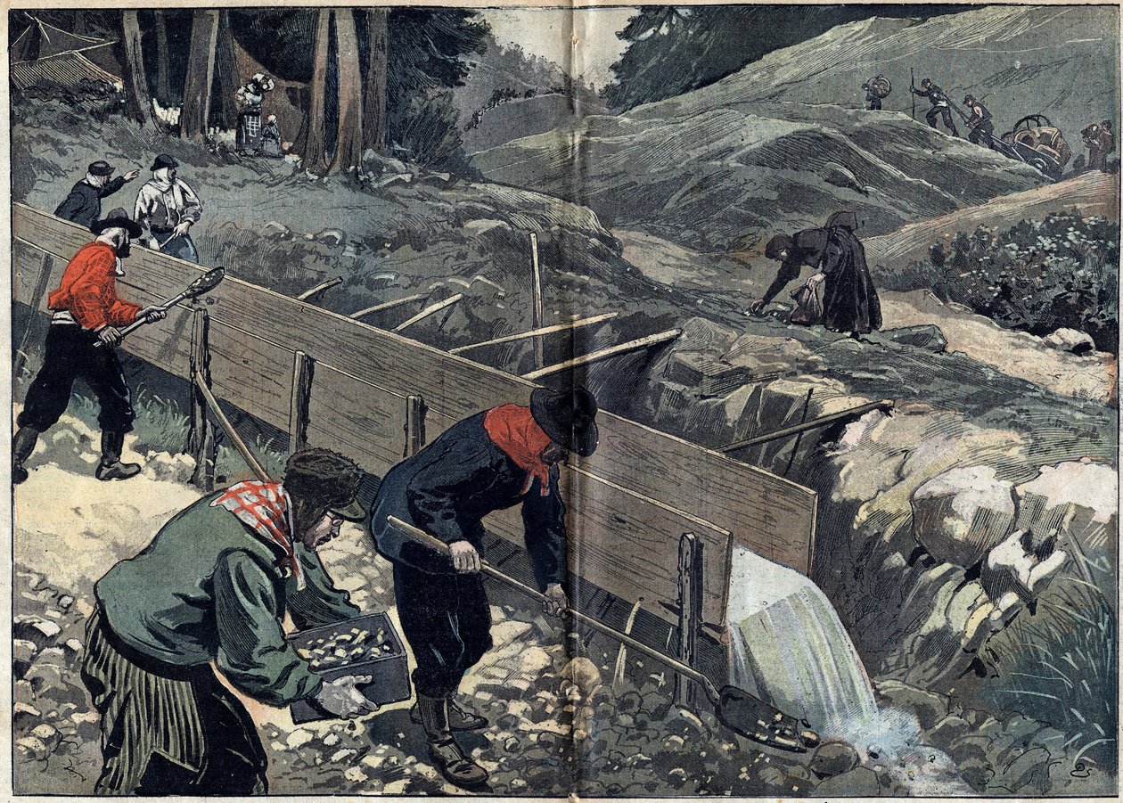 Gold Rush i Alaska: Gullsøkere vasker gullslam. En kvinne plukker opp pepiter mens nye gullsøkere ankommer leiren. Illustrasjon i "" Le Pelerin"" av 20. februar av Unknown artist