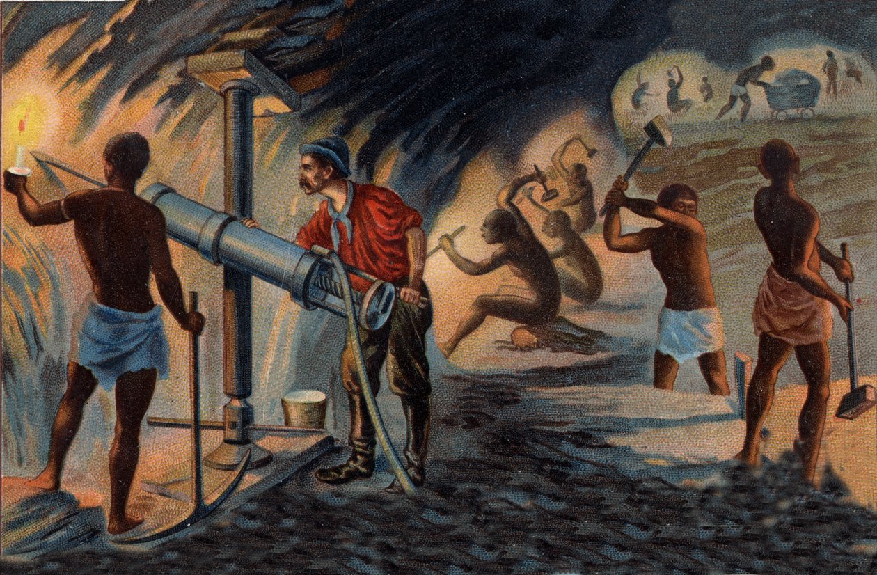 Gullutvinning: inne i en gruve i Transvaal. Gruvearbeider ved hjelp av en borkrone som opererer ved hjelp av trykkluft. Kromolitografi på slutten av 1800-tallet. av Unknown artist