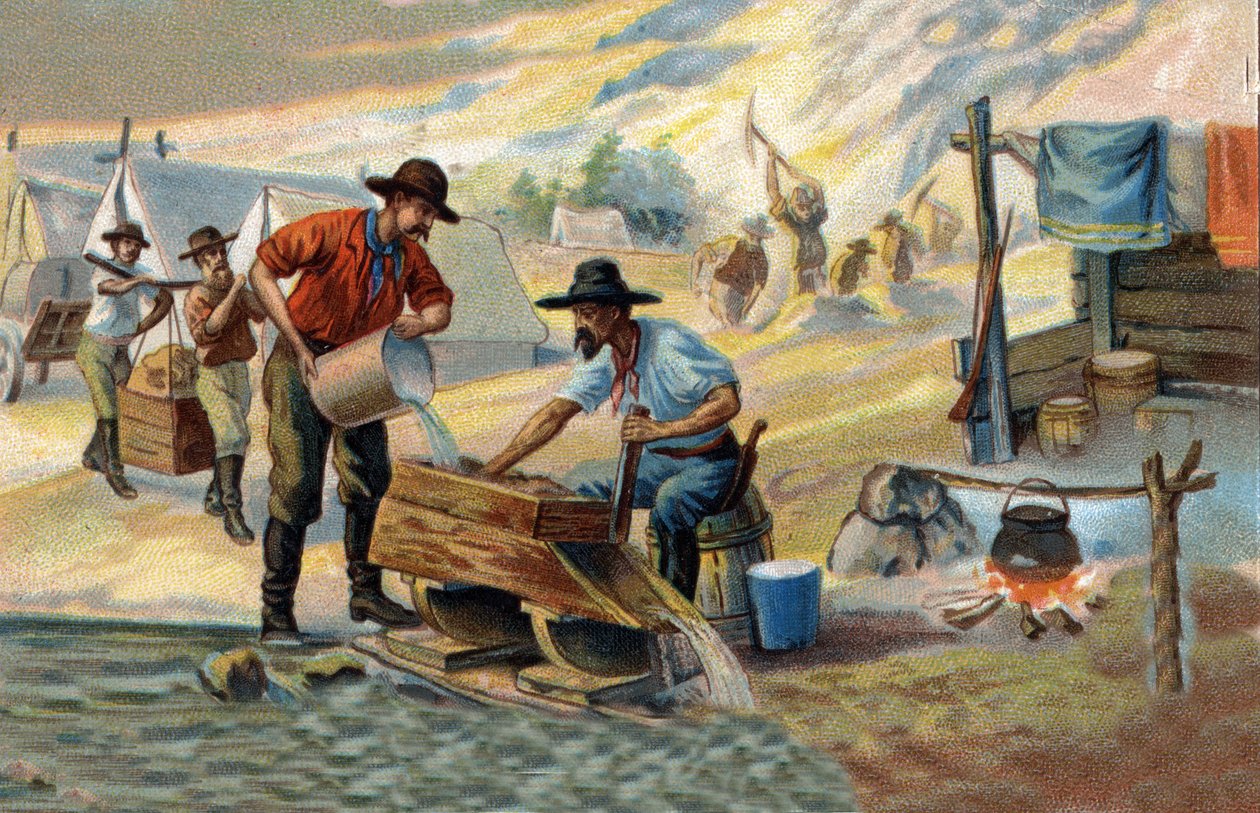 Gullsøker: metode for å vaske innfødt gull som er skilt fra steiner og sand. Kromolitografi på slutten av 1800-tallet. av Unknown artist