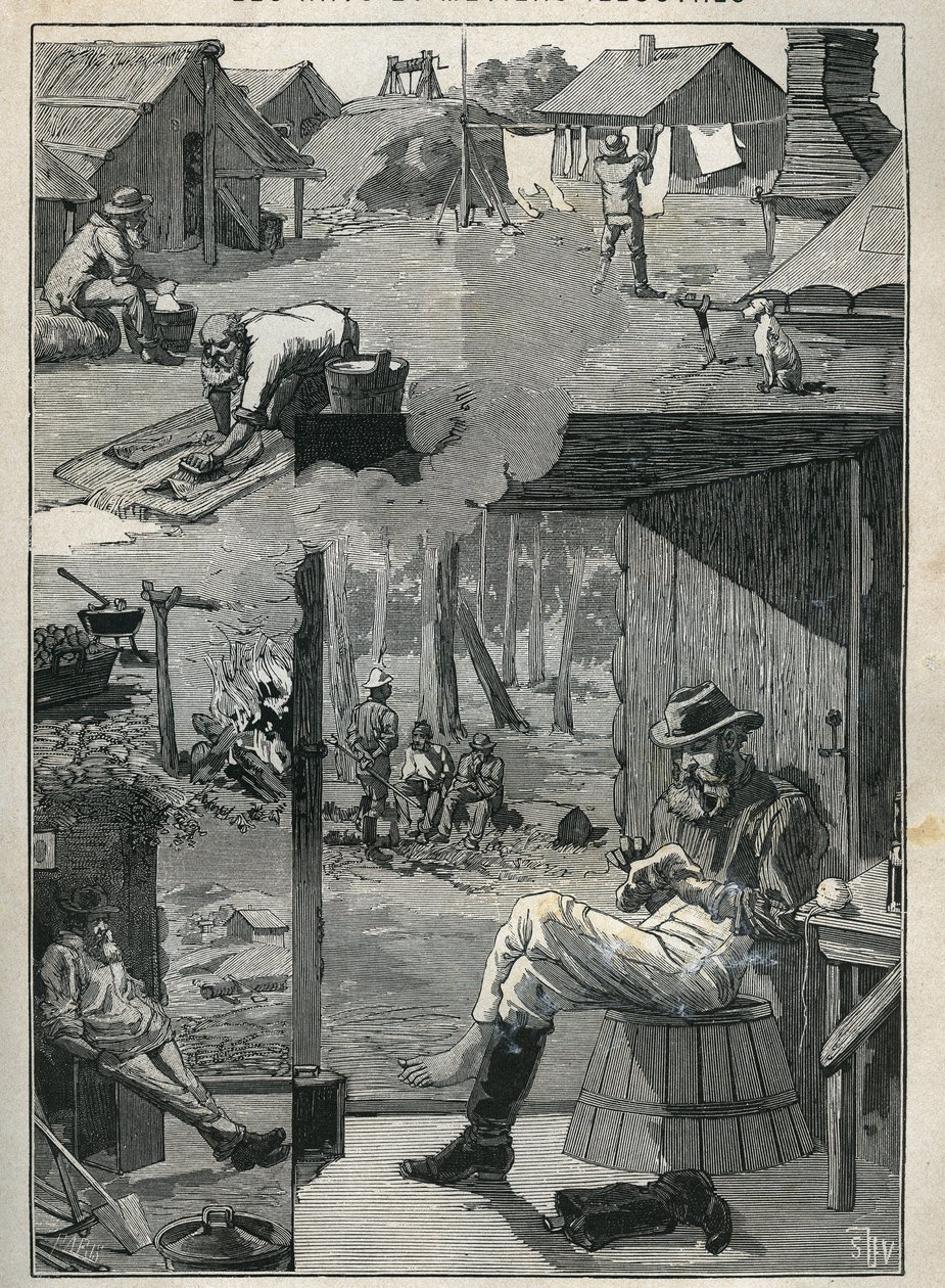 Gullsøkere i Australia: flekk av dagliglivet til gruvearbeidere under hviledagene (rengjøring og tørking av lin, sokker, etc.). Gravering fra 1885 i "" Les arts et metiers illustres"" av Adolphe BITARD. av Unknown artist