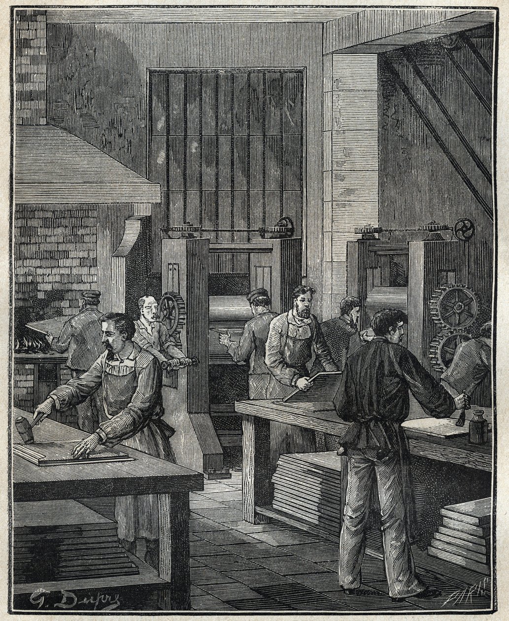 Gullsmed: klargjøring av platen, klargjøring av metallet for utførelse av et spesielt sølvtøy. Gravering fra 1885 i "" Les arts et metiers illustres"" av Adolphe BITARD. av Unknown artist