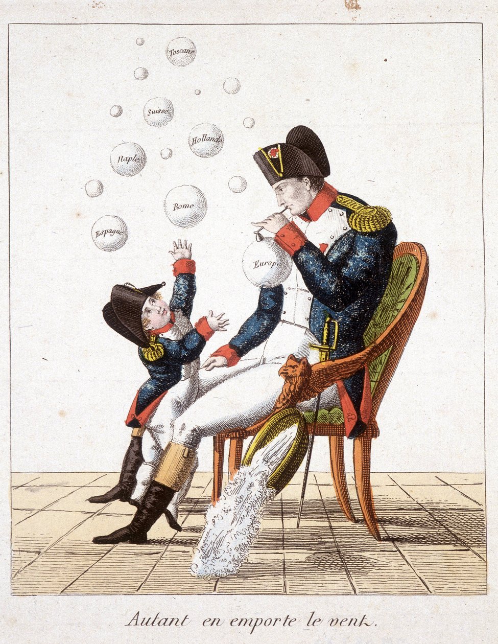 Borte med vinden: Napoleon lager såpebobler fra Toscana, Sveits, Holland, Napoli, Roma, Spania og Europa - i "" Napoleon 1st, karikaturer, dummy-samling"", ca. 1814 av Unknown artist