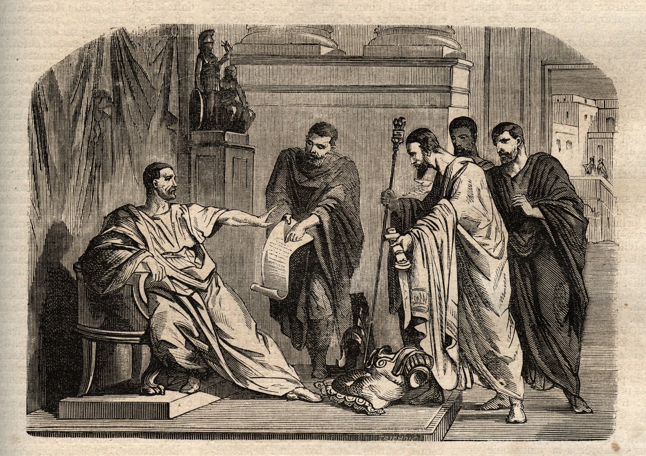 Gordian I (158-238) nektet keiserlig verdighet - Gordian I (Marcus Antonius Gordianus Sempronianus Romanus Africanus) nektet den keiserlige verdigheten - gravering i "" Dictionnaire populaire illustrious" - 1864 - av Joseph Decembre og Edmond Allonier - av Unknown artist
