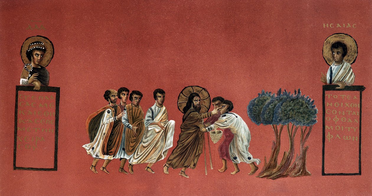 Matteusevangeliet - Jesu mirakel som kjemper mot de to blinde fra Jeriko, gravering fra 1800-tallet etter et gresk manuskript. av Unknown artist