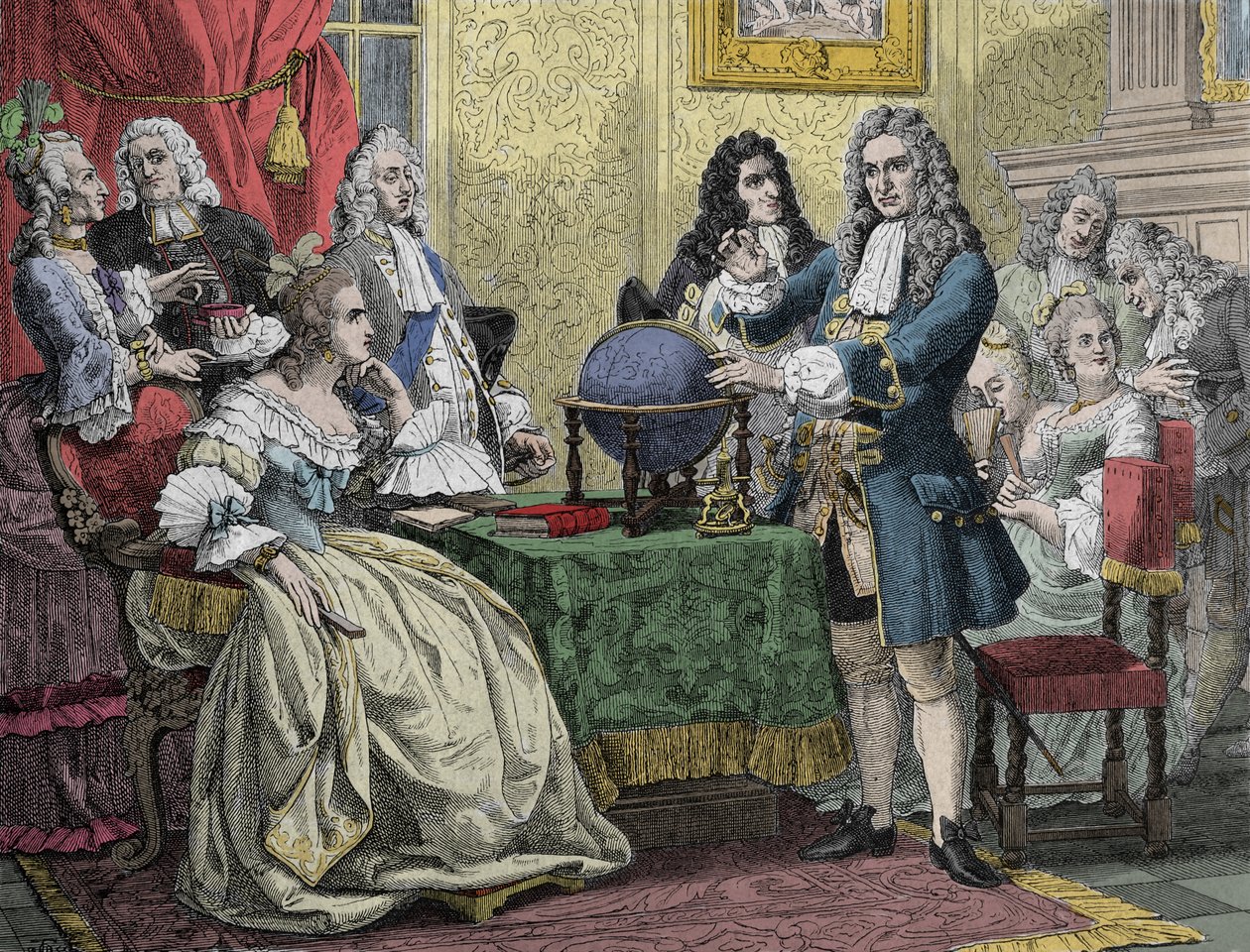 Gottfried Wilhelm Leibniz (1646-1716) på besøk til dronning Sophie Charlotte av Preussen (Sophie-Charlotte av Hannover) av Unknown artist