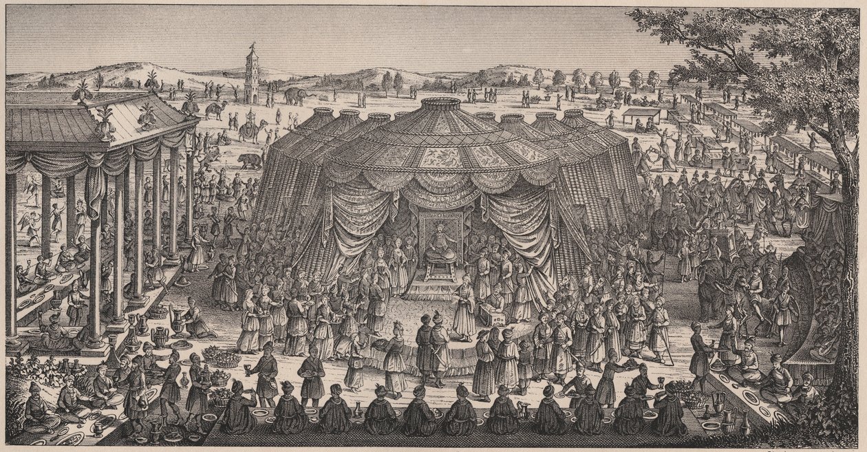Stor bankett gitt av Tamerlan (1336-1405) (eller Timur Lang, "Timur den lamme") på Khani Gheul-sletten for å feire barnebarnas ekteskap - Gravering fra 1800-tallet av Unknown artist