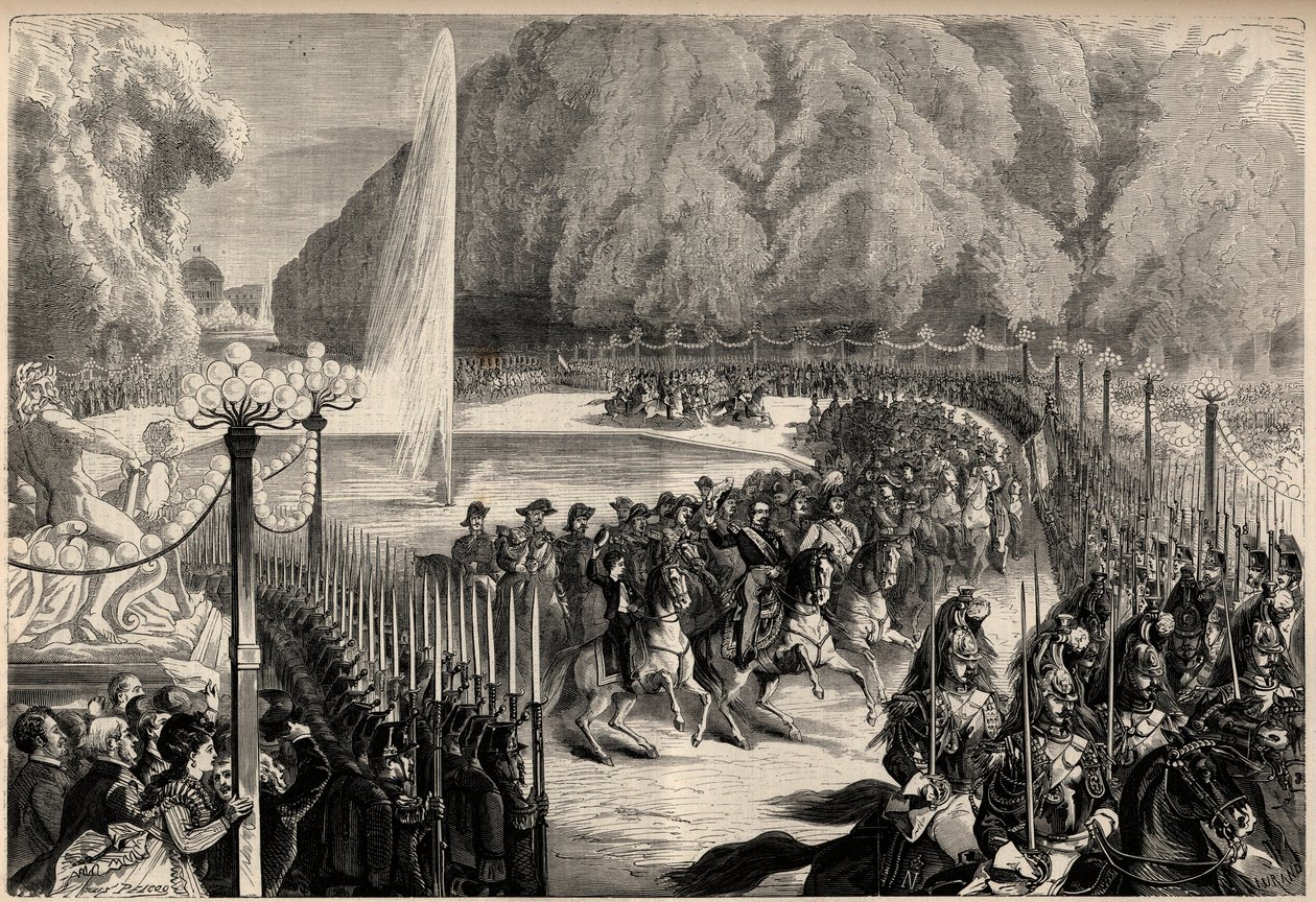 Stort magasin av 14. august: Keiser Napoleon III (1808-1873), etterfulgt av hans stab krysser Tuileriehagen i Paris. Hans sønn, den keiserlige prinsen Eugene Louis Joseph (1856-1879), er til høyre for ham. Gravering i "The Universe illustrious" av Unknown artist
