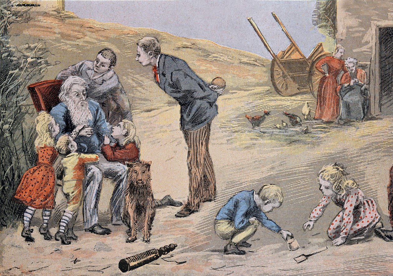 Bestefar forklarer katekisme for barna. I "" Flott album i farger for forklaring av katekisme"" av Abbé Maucherde av Unknown artist