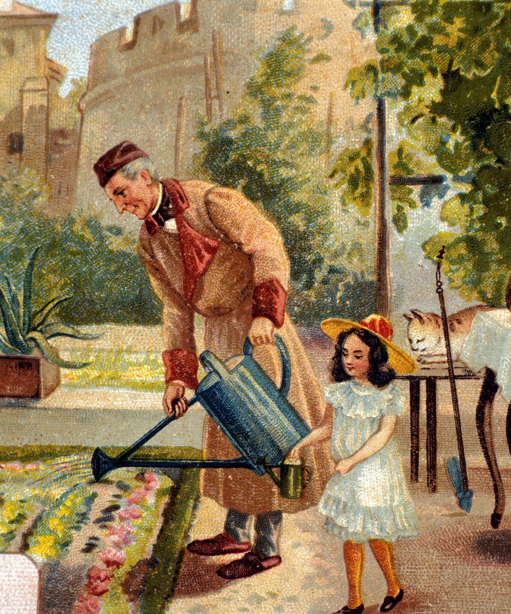 Bestefar hagearbeid med sin lille datter kromolitografi sent på 1800-tallet av Unknown artist
