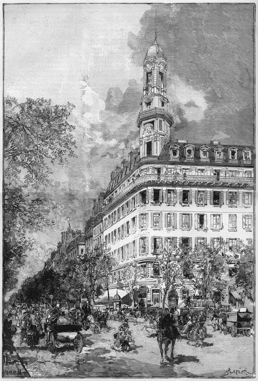 Grands boulevards et immeubles haussmaniens a Paris : Hotel de la Compagnie ""La New York"" boulevard des Italiens. Gravure in ""Le Monde Illustre"" av Unknown artist