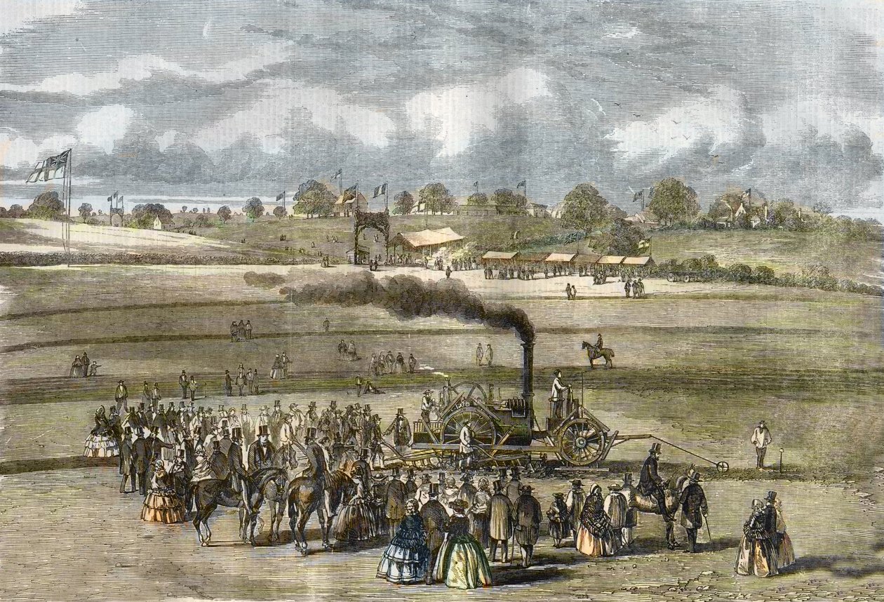 Storbritannia: Landbruk, pløyescene. Boydell dampplog nær Louth i 1854. (damppløying med Boydells motor nær Louth). av Unknown artist