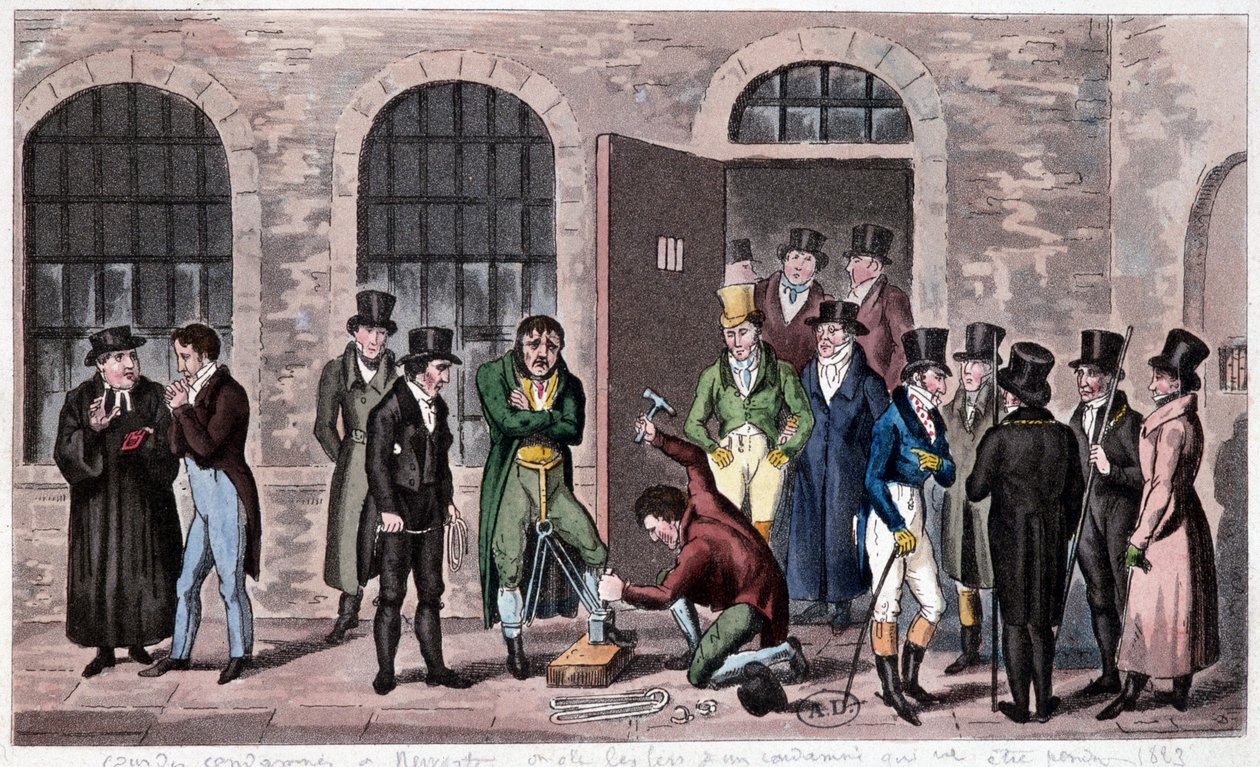 Great Britain Prison: En dødsdom er knyttet til Newgate fengsel i London (ofte referert til i Charles Dickens romaner). Gravering rundt 1823. Bilbioteket for dekorativ kunst. av Unknown artist