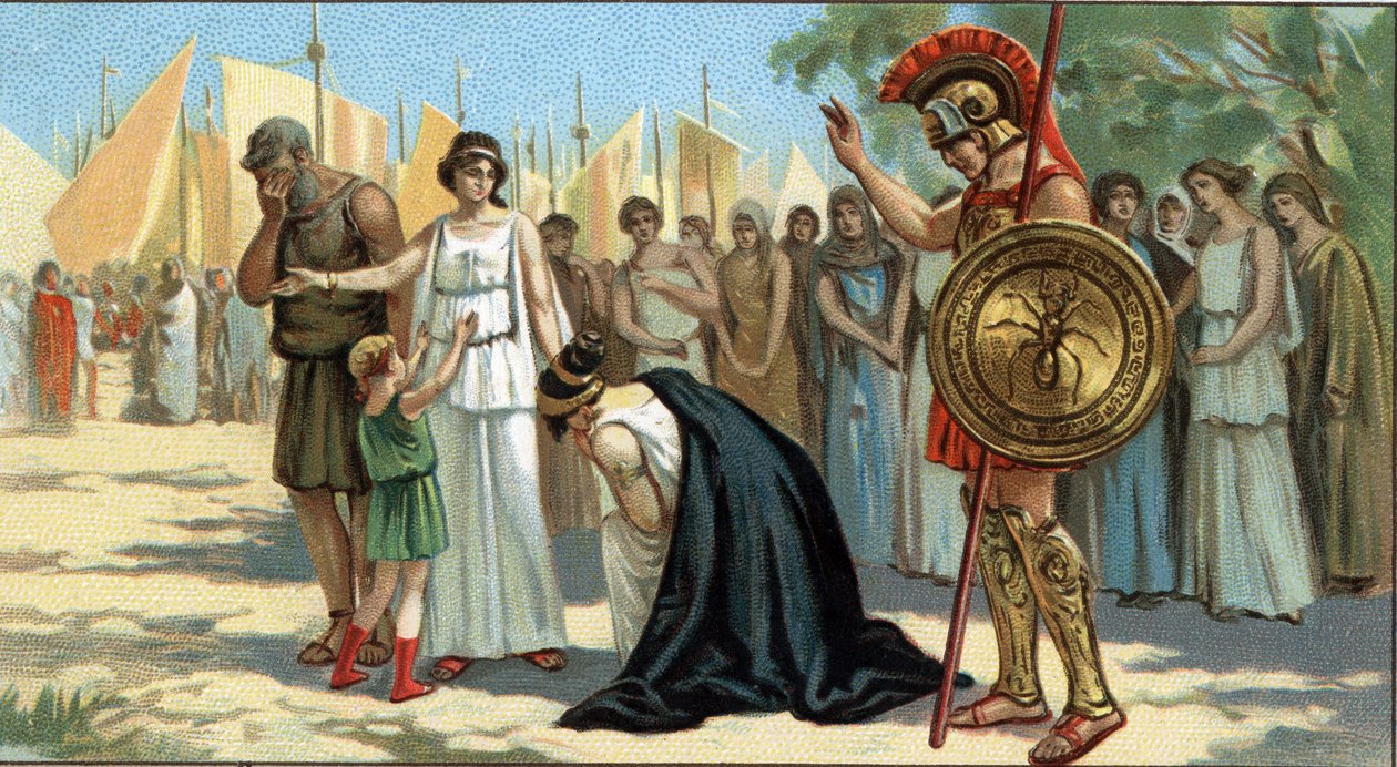 Great Greek Tragedies: “Iphigenie a Aulis” by Euripides wrote in -406. Iphigenie learned the sacrifice that is demanded of her. Her mother Clytemnestre kneels before her, in pain. On the left, his brother Oreste, on the right Achilles who first tried to sa av Unknown artist