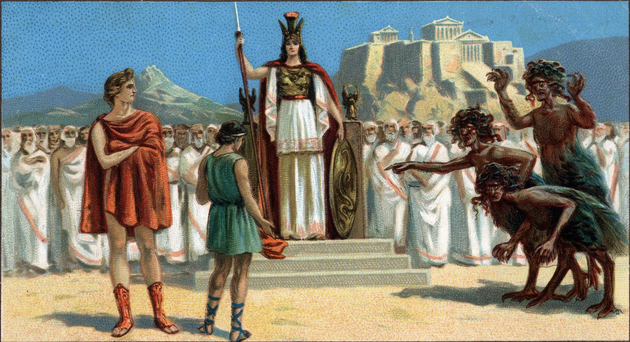 Store greske tragedier: "The Orestia"" av Aischylus. Oreste dukket opp for Areopage eller Høyesterett i Athen, ledet av gudinnen Pallas Athene eller Minerva, assistert av Apollo. Til høyre er Eumenides (de tre furies). Orestie er fraværende av Unknown artist