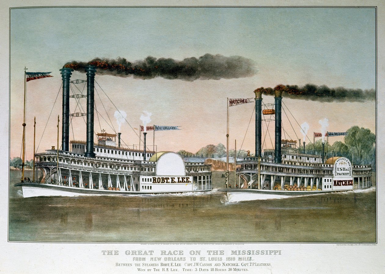 Great Steamboat Race på Mississippi-elven, fra New Orleans til Saint Louis (trykk fra 1800-tallet) av Unknown artist