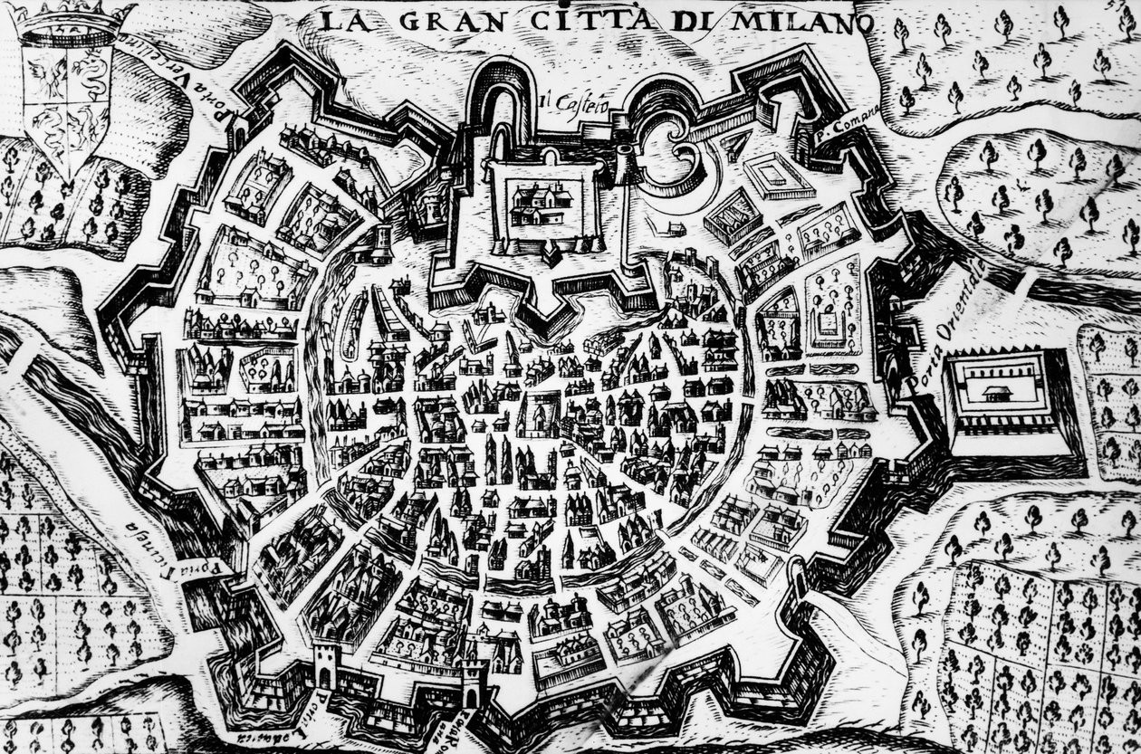 Flott by Milano, gravering av kart over Milano, Italia av Unknown artist