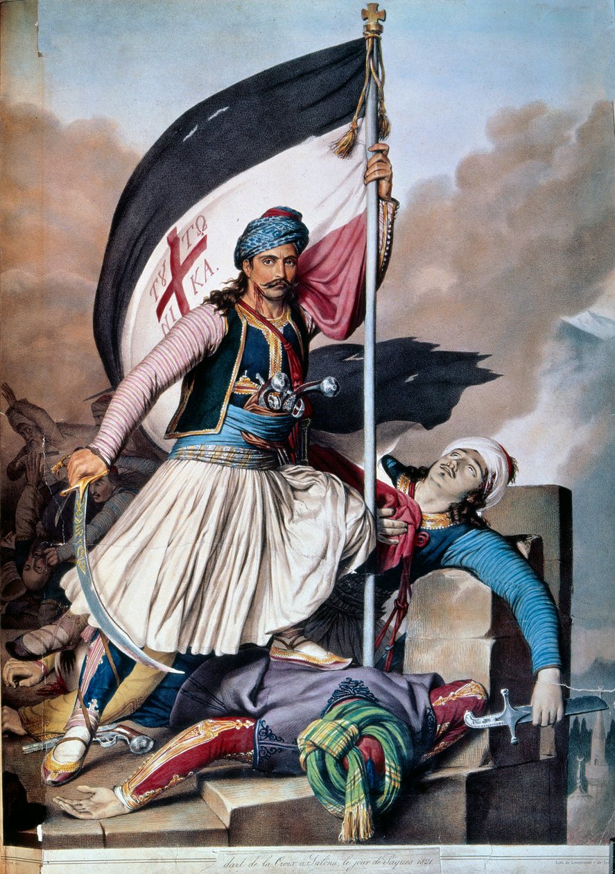 Gresk uavhengighetskrig mot det osmanske riket: banneret stiger til Salona av Nickolaki Mitropolos etter opprøret 25.03.1821. Litografi av 1821. Paris, Dekorativ kunst av Unknown artist