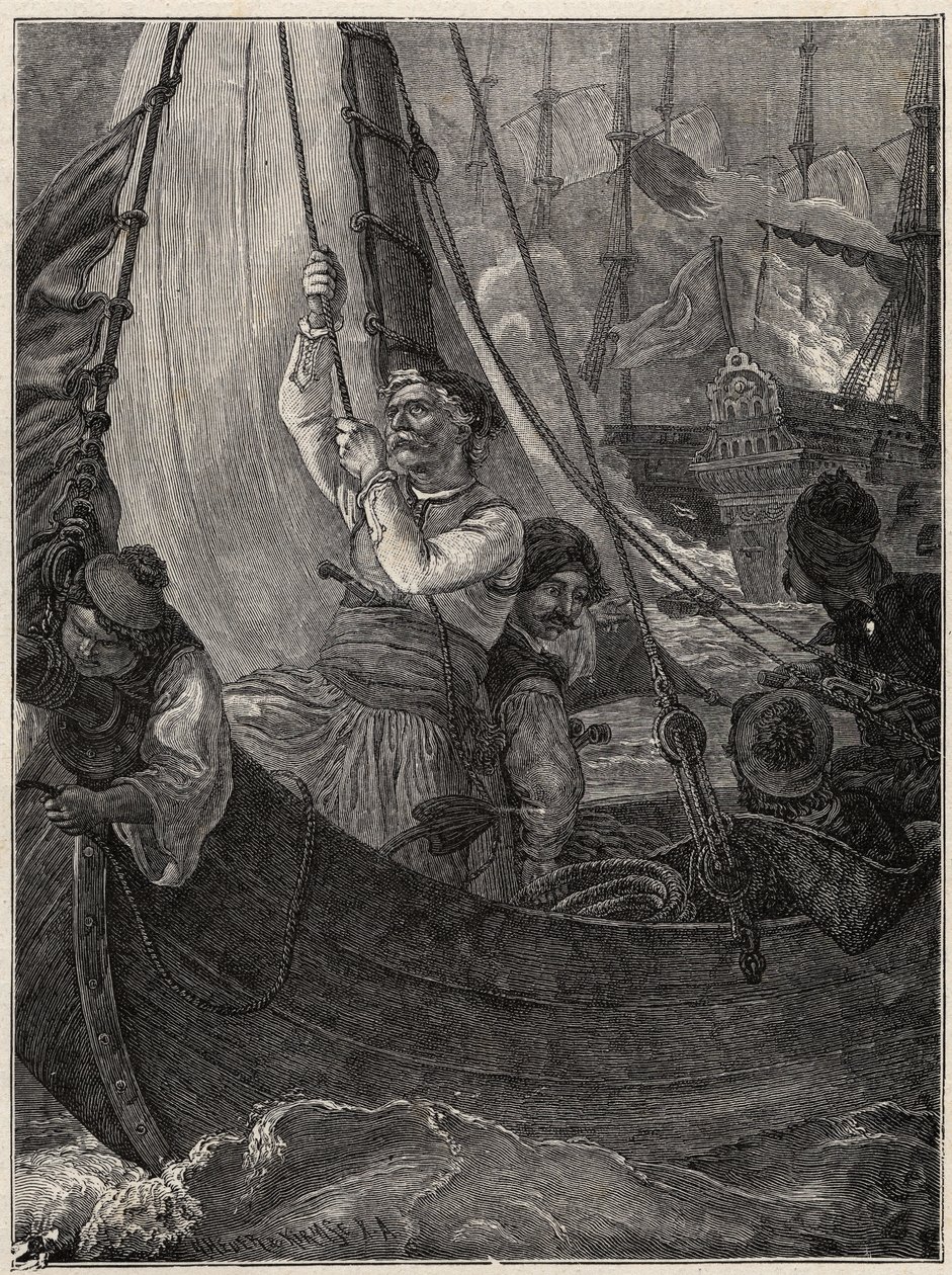 Gresk uavhengighetskrig 1821 - 1829: Konstantin (Konstantin) Kanaris (Konstantinos Canaris) brenner flaggskipet til den tyrkiske flåten før Chios av Unknown artist