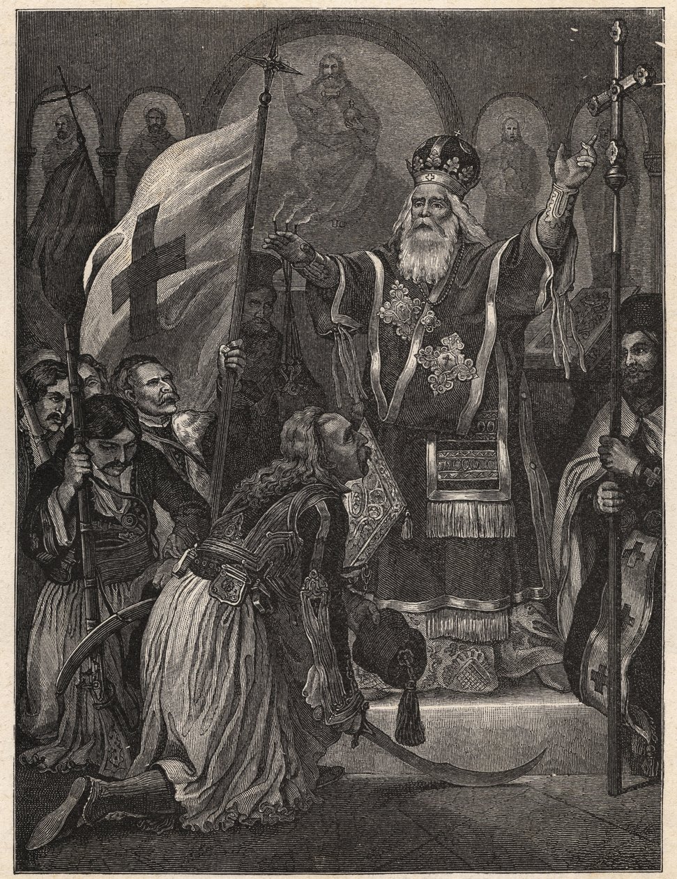 Gresk uavhengighetskrig 1821 - 1829: biskop Germanos (Germain) III av Old Patras (Georgios Gotzias) velsigner flagget for kampen for frihet, Agia Lavra kloster (Sainte Laure du Peloponnese), 21. mars 1821 - gravering etter maling av Unknown artist