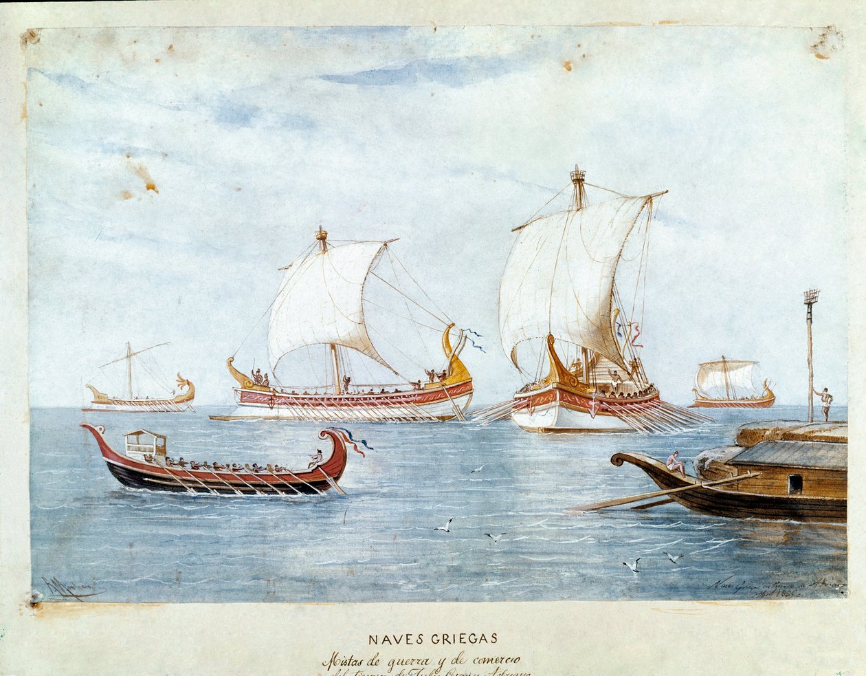 Greske krigsskip og handel (Akvarell av Unknown artist