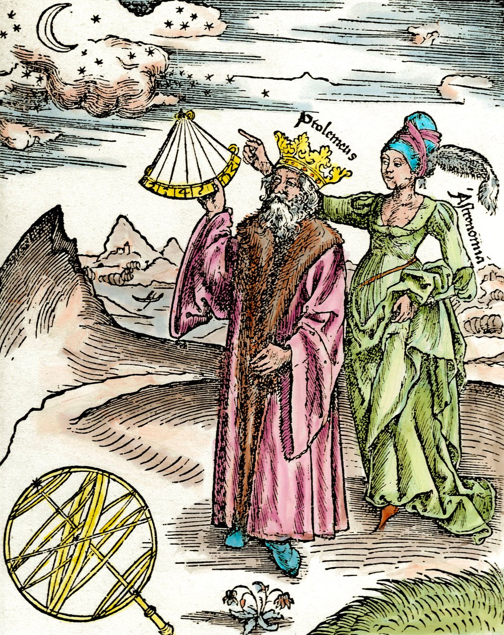 Den greske astronomen Claude Ptolemee (Claudius Ptolemaeus) (rundt 90-rundt 168 e.Kr.) ved hjelp av en sekstant og astronomi. Gravering fra 1503. Privat samling av Unknown artist