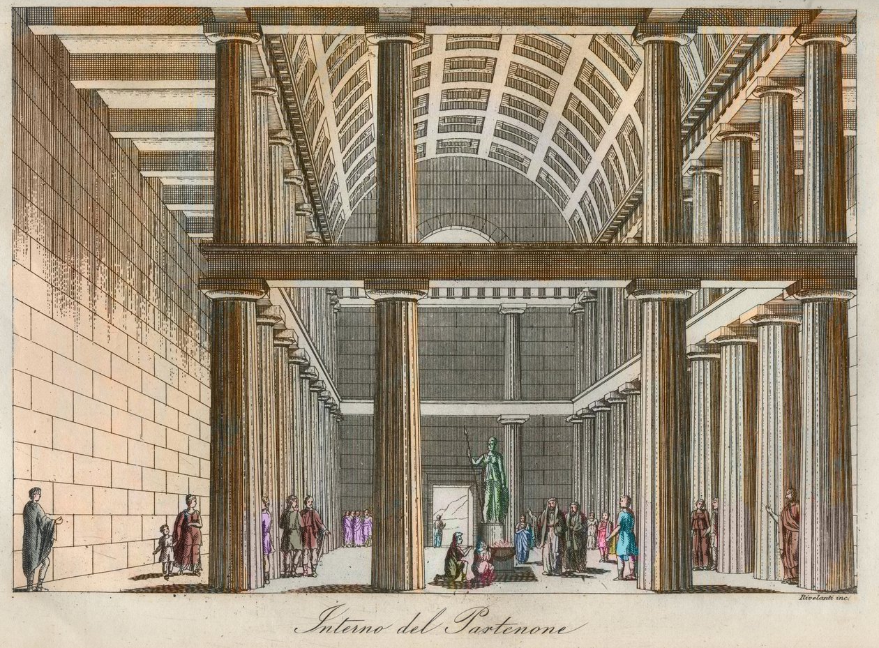Greek civilization - Ideal reconstruction of the Parthenon at Athens - engraving from “” Usi e Costumi di Tutti i i Popoli dell