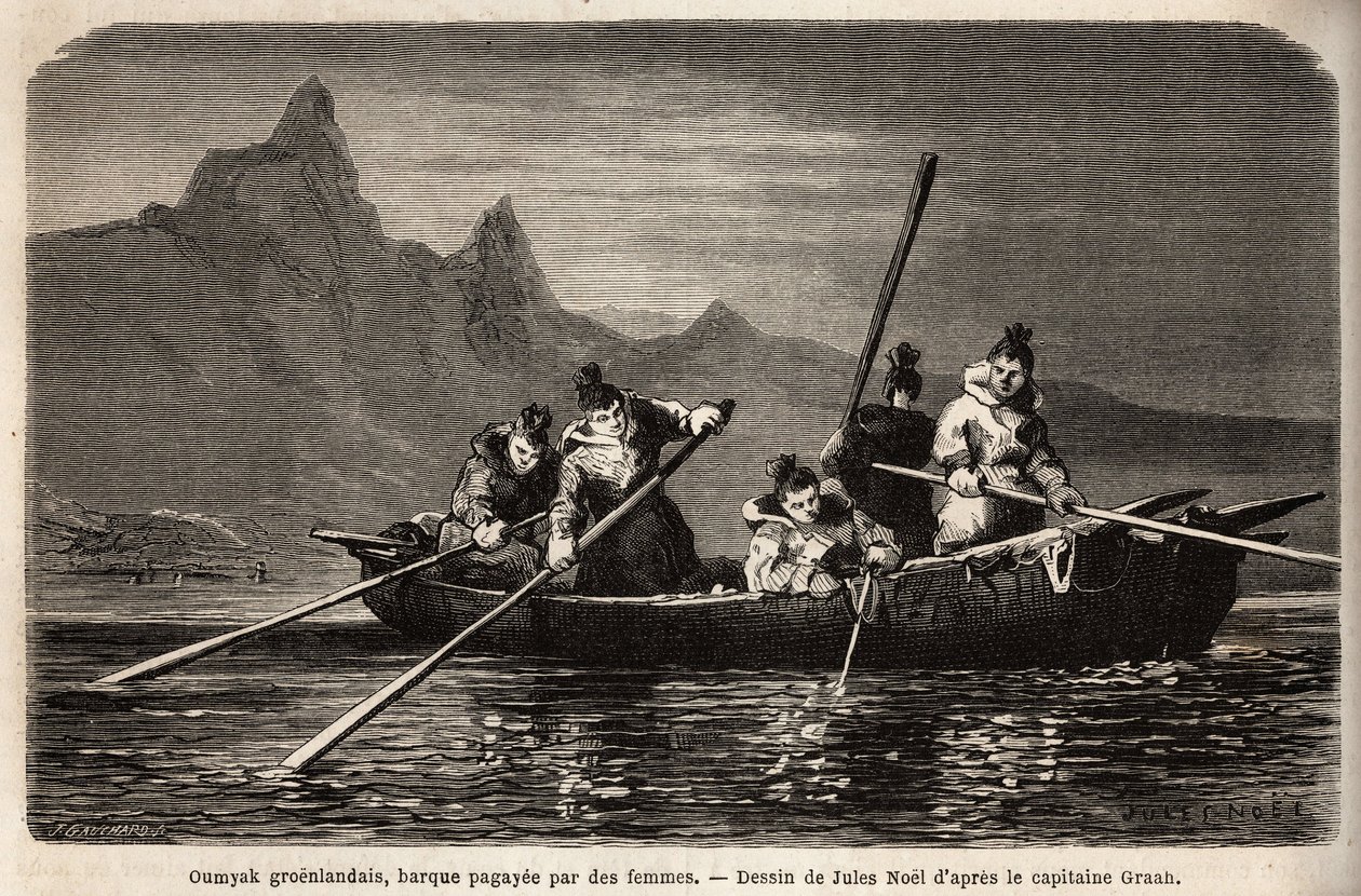 Greenland Umyak, type båt som drives av kvinner. Gravering for å illustrere reisen til det frie havet på den arktiske polen, av doktor Hayes, kirurg ved den amerikanske marinen, i 1860-1862, publisert i "Le tour du monde, nouveau journal des voyages", redi av Unknown artist