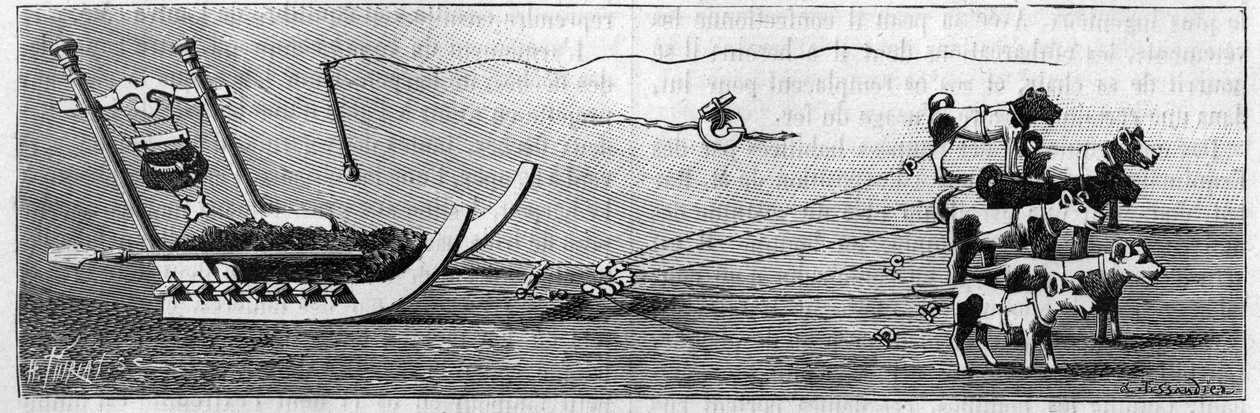 Grønlandsutstilling ved Geography Society, Paris: sledemodell produsert av eskimoer. Gravering i "" Nature: gjennomgang av vitenskapene og deres anvendelser på kunst og industri "" av 16. februar 1889. av Unknown artist