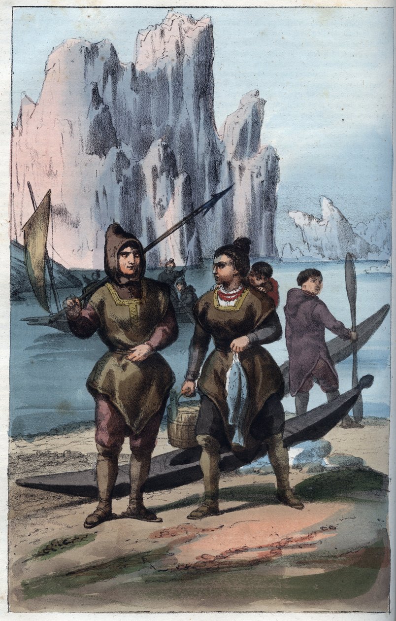 Grønlandske menn og kvinner som vender tilbake fra fiske - gravering fra "" skikker og tradisjoner til alle folkeslag i universet. Det vil si historien om regjeringen, lovene, militsen, om religionen til alle nasjoner fra de fjerneste tider til i dag "1856 av Unknown artist
