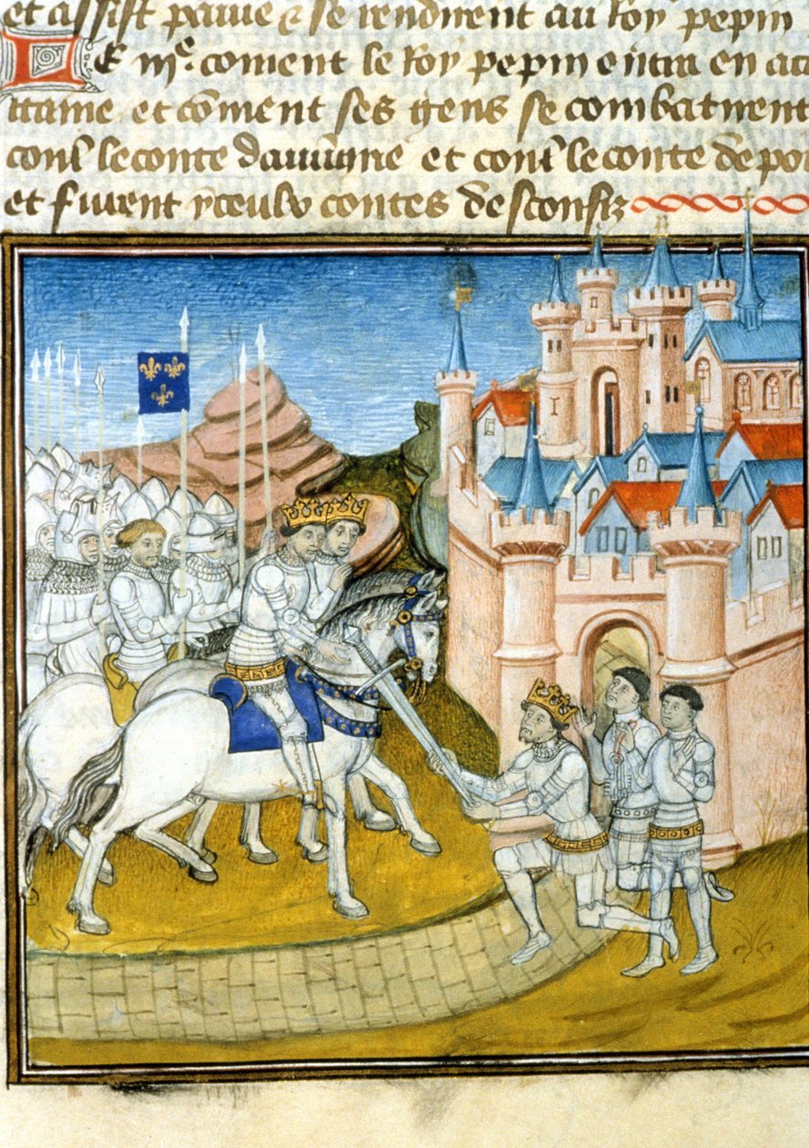 Griffon (Grippon) (ca. 726-753) dro til sine brødre Pepin III kjent som Pepin le Brief (714-768) og Carloman (ca. 715-754) etter beleiringen av Laon i 741. Miniatyr i "" Grandes Chroniques de Saint-Denis"" av Unknown artist
