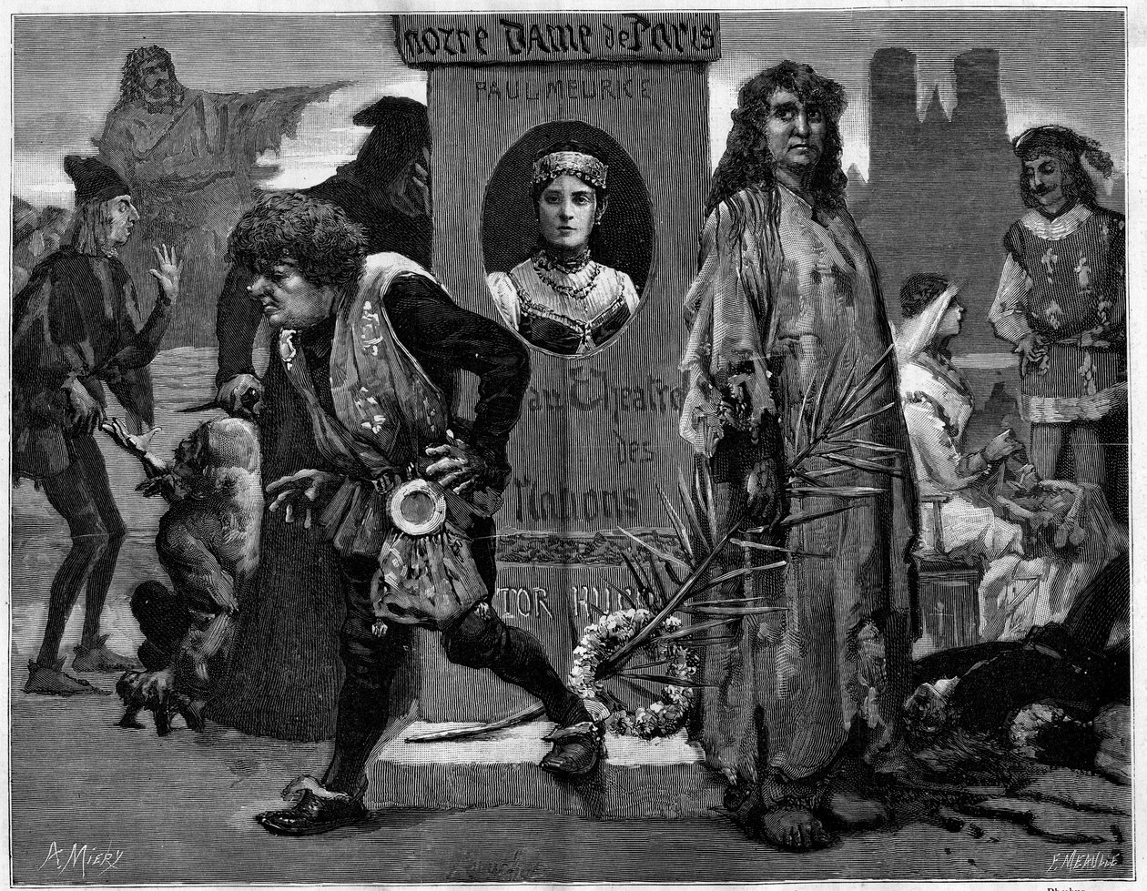 Gringoire, Quasimodo, La Esmeralda, La Sachette and Phoebus. Main characters in the theatre piece “” Notre Dame de Paris””, drama by Paul Meurice (1912-1979) by Victor Hugo (1802-1885) represented at the Theatre des Nations. Engraving in “” Le Monde illust av Unknown artist