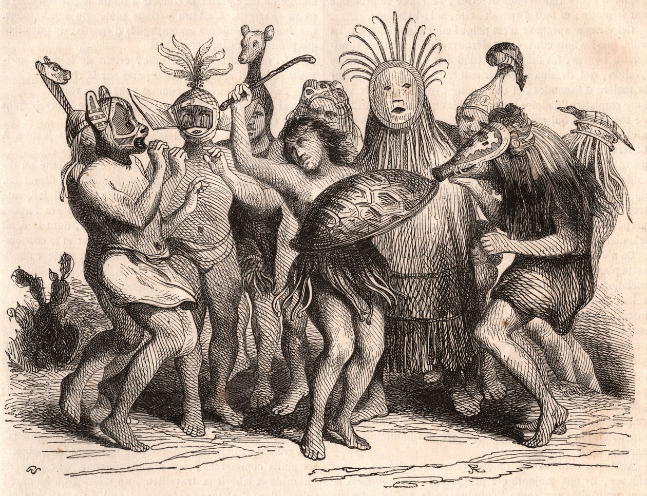 Gruppe brasilianske villmenn som danser med kostymer, masker og tradisjonelle hodeplagg av Unknown