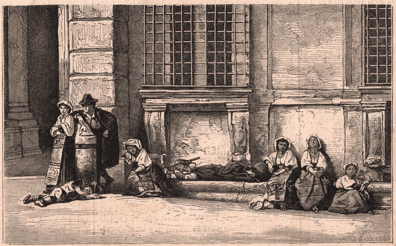 Gruppe napolitanske bønder som sitter foran palasset Farnese i Roma, Italia av Unknown