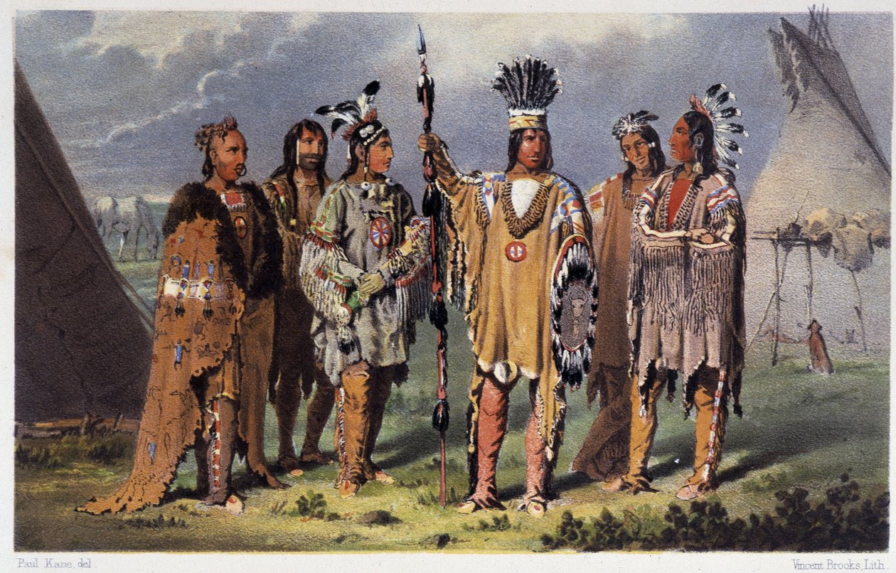 Gruppe av seks indiske høvdinger - i "" Vandring av en kunstner blant indianerne i nord-Amerika"" av Paul Kane, Longmans & Roberts, London av Unknown artist