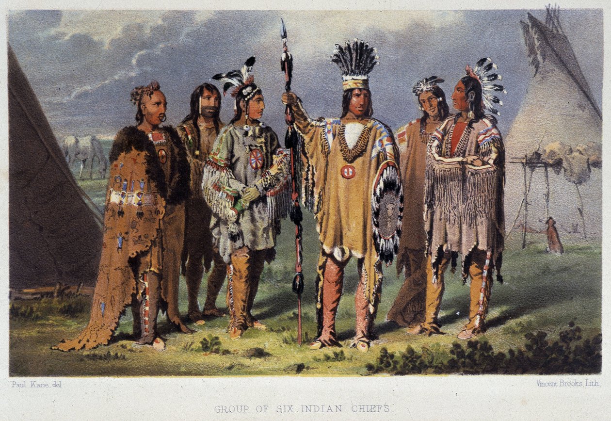 Gruppe av seks indiske høvdinger - i "" Vandring av en kunstner blant indianerne i nord-Amerika"" av Paul Kane, Longmans & Roberts, London av Unknown artist