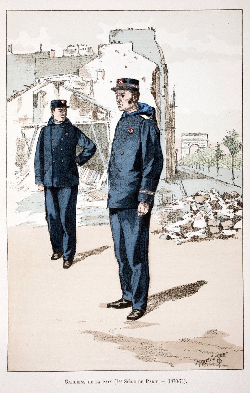 Guardians of Peace (første sete i Paris 1870-1871). Etsning i farger, for illustrasjon "" History of the Corps of Peacekeepers""" bok utgitt i regi av Louis Lepine (1846-1933), prefekt for politiet på Seinen, av Alfred Rey (1864-? av Unknown artist