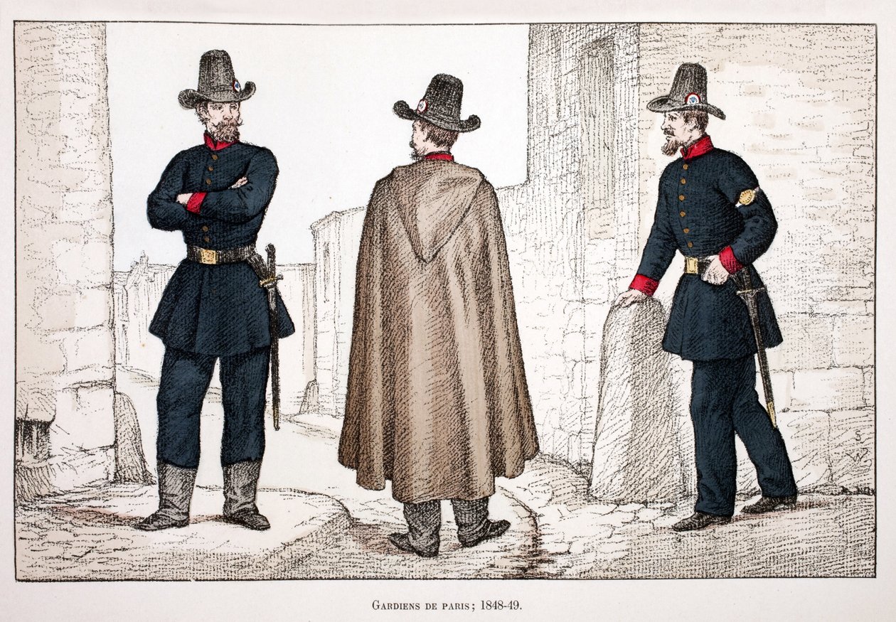 Fredens voktere (1848-1849). Etsning i farger, for illustrasjon "" Histoire du corps des gardes de la paix""" bok utgitt i regi av Louis Lepine (1846-1933) prefekt for politiet på Seinen, av Alfred Rey (1864-?) og Louis Feron av Unknown artist