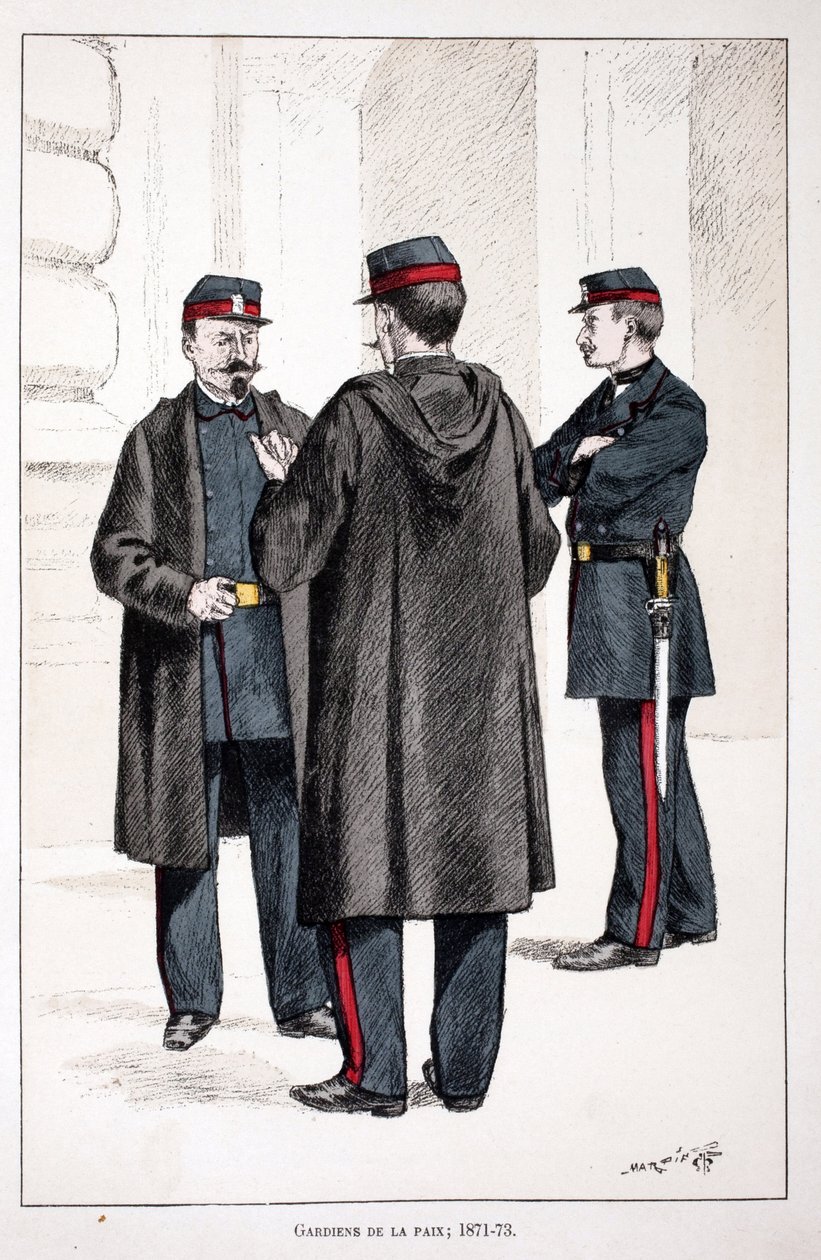 Fredens voktere (1871-1873). Etsning i farger, for illustrasjon "" History of the corps of peacekeepers""" bok utgitt i regi av Louis Lepine (1846-1933) prefekt for politiet på Seinen, av Alfred Rey (1864-?) og Louis Feron av Unknown artist
