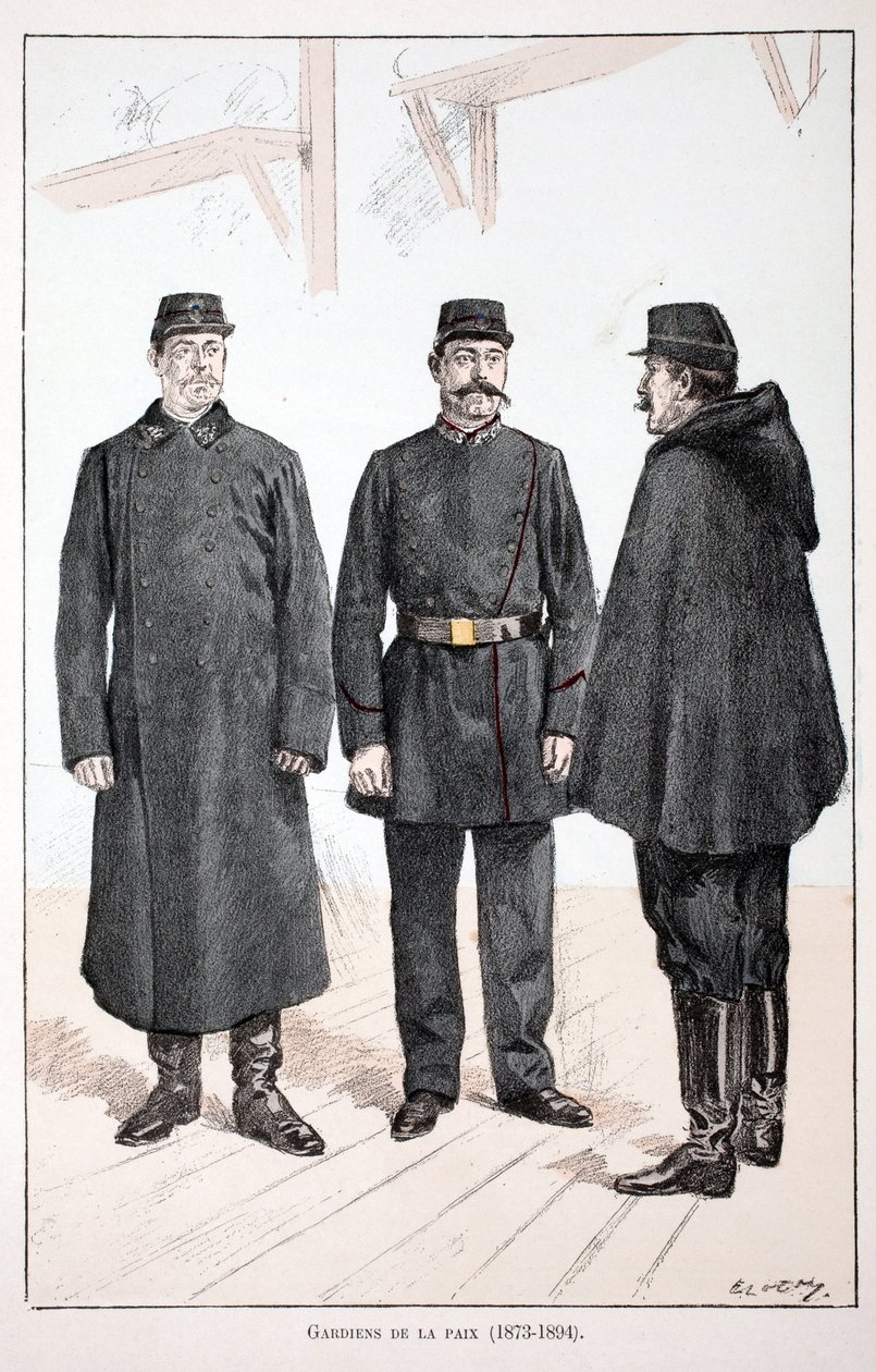 Fredens voktere (1873-1894). Etsning i farger, for illustrasjon "" History of the corps of peacekeepers""" bok utgitt i regi av Louis Lepine (1846-1933) prefekt for politiet på Seinen, av Alfred Rey (1864-?) og Louis Feron av Unknown artist