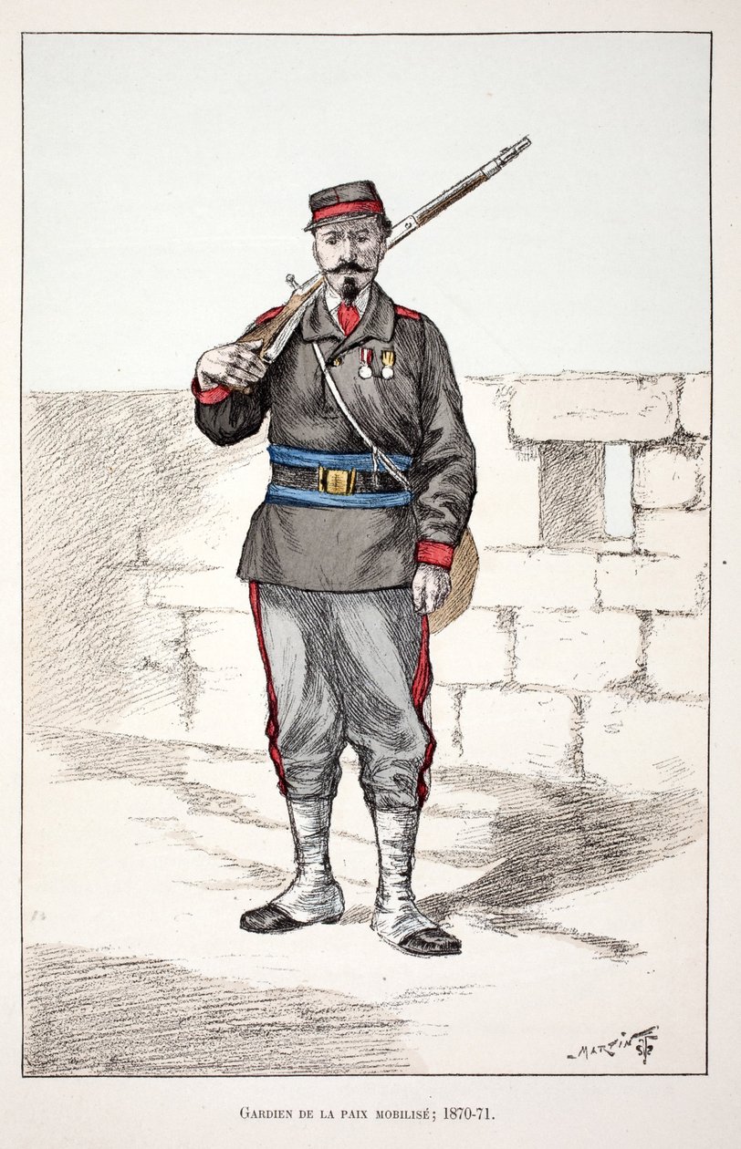 Fredens voktere mobiliserer (1870-1871). Etsning i farger, for illustrasjon "" History of the corps of peacekeepers""" bok utgitt i regi av Louis Lepine (1846-1933), prefekt for politiet på Seinen, av Alfred Rey (1864-?) og Lo av Unknown artist