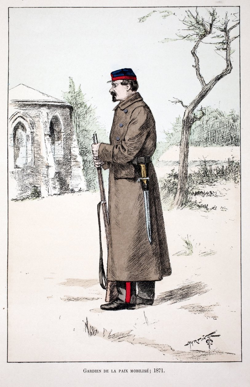 Fredens voktere mobiliserer (1871). Etsning i farger, for illustrasjon "" History of the corps of peacekeepers""" bok utgitt i regi av Louis Lepine (1846-1933), prefekt for politiet på Seinen, av Alfred Rey (1864-?) og Louis F. av Unknown artist